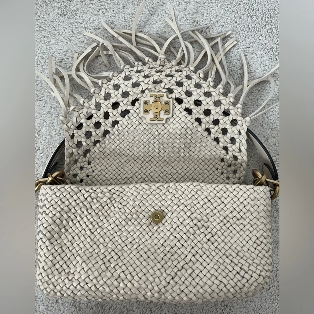 Tory Burch Woven Fringe Shoulder Bag in Beige
